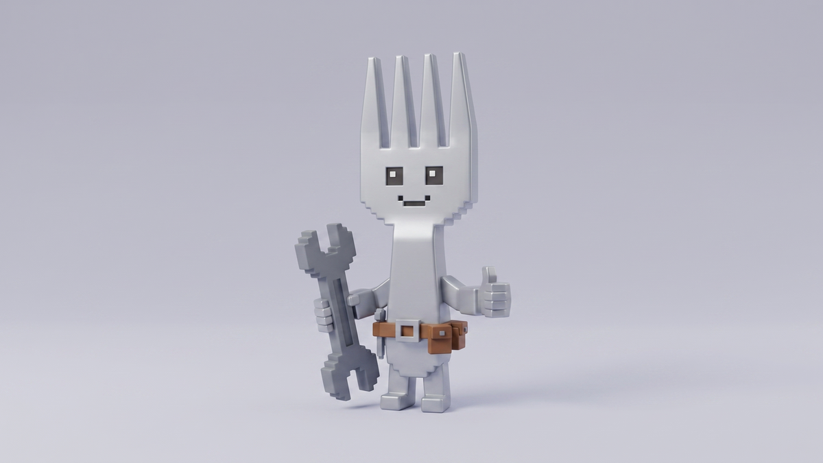 A friendly chunky voxel fork mascot in a handyman tool belt, holding a wrench and giving a thumbs up, on a soft grey studio background