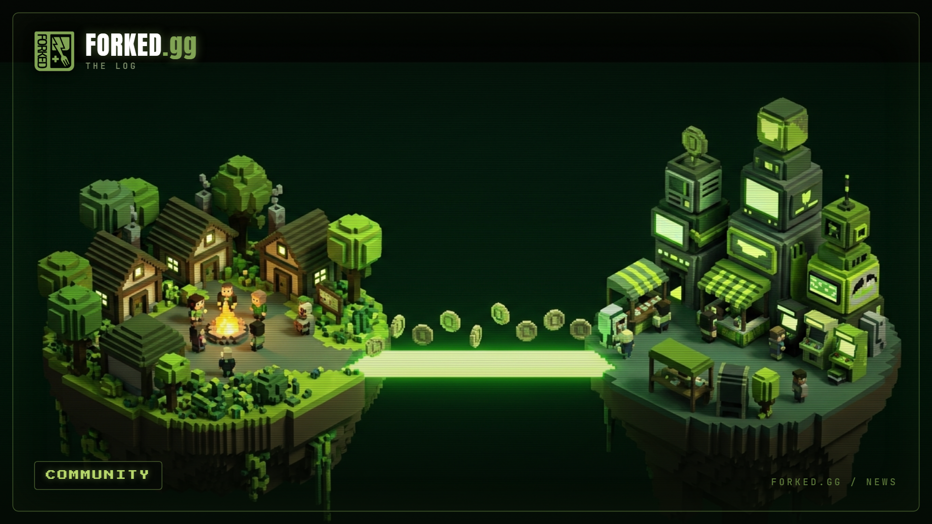 Two voxel islands linked by a glowing bridge carrying tokens