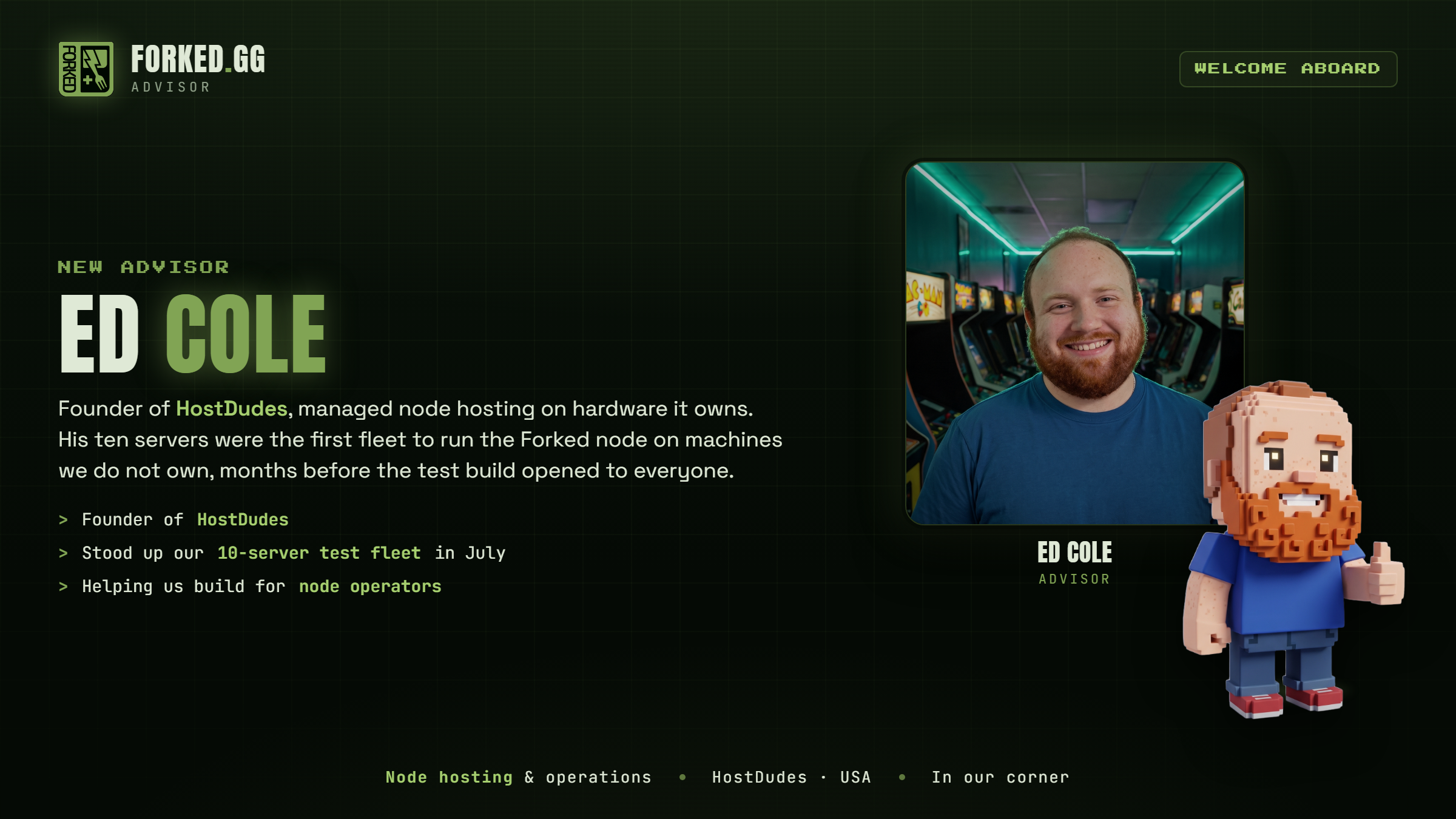 Advisor announcement card for Ed Cole joining Forked.gg