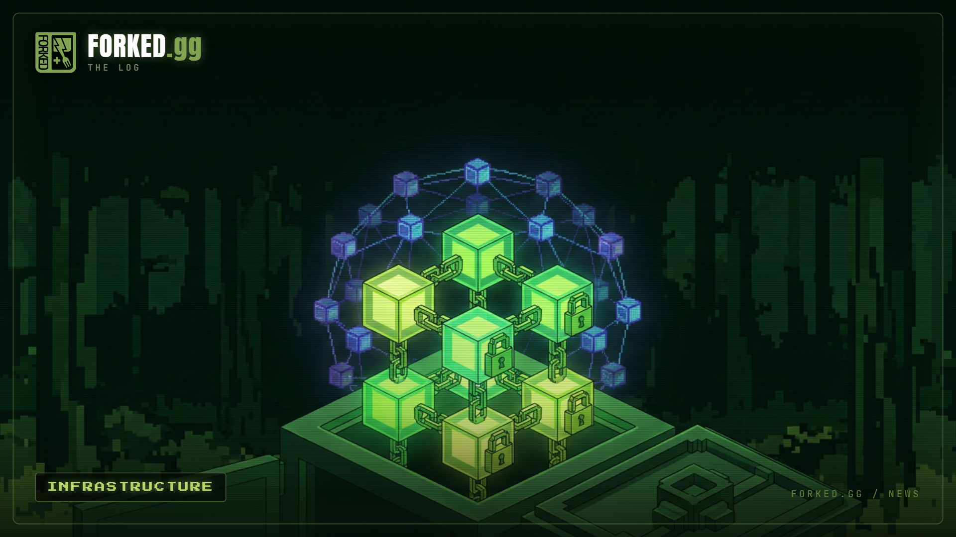 A luminous voxel Merkle tree of sealed cubes rising from a vault