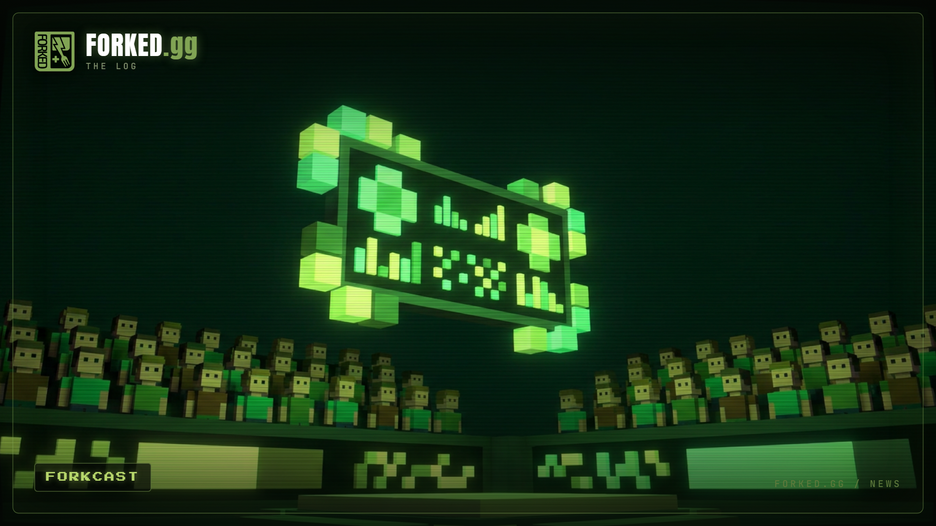 A glowing voxel prediction-market arena with a giant scoreboard