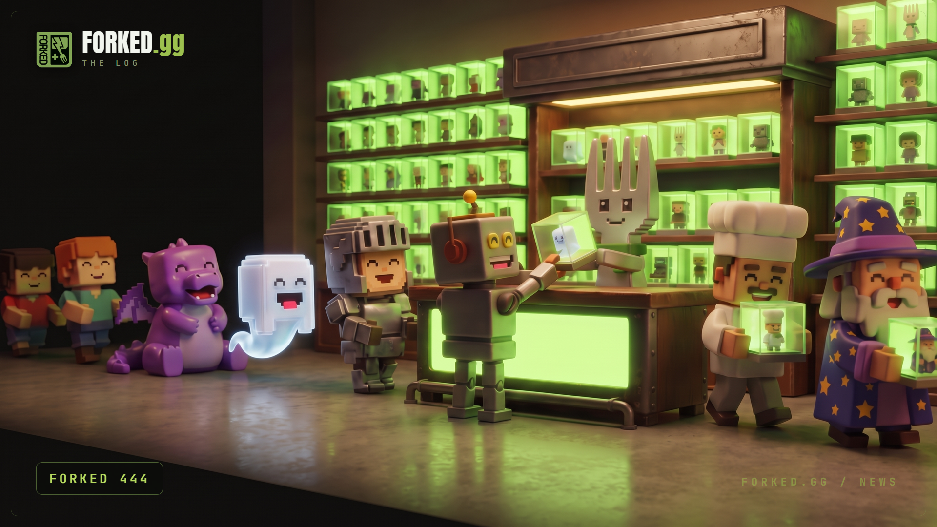 A claim counter in a retro toy shop: Forky the fork mascot hands a glowing display box to a little robot. An empty-handed line of Forkies waits eagerly on the left, while a chef and a wizard walk away beaming at the new Forkies in their hands