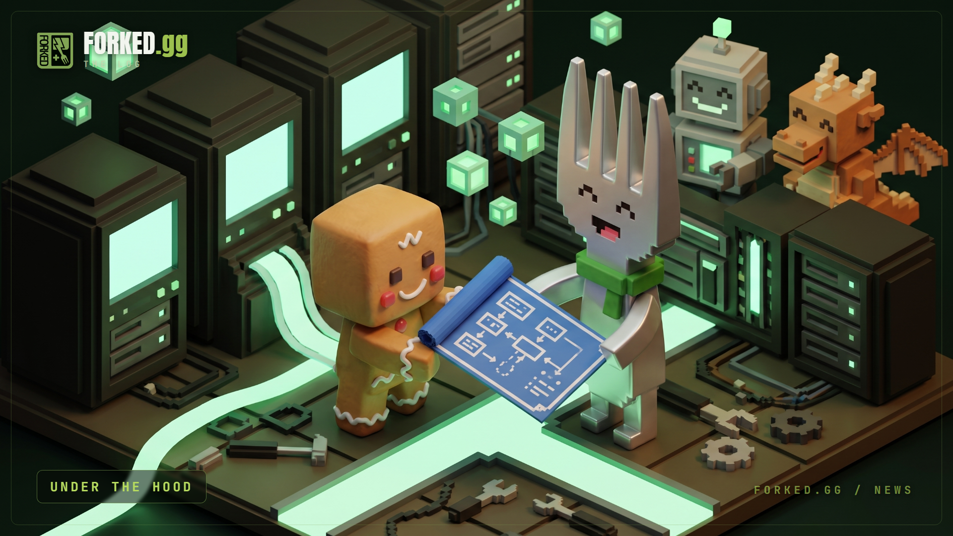 A chunky voxel diorama in a glowing green server room: the Forky mascot, a silver fork with a green scarf, and a happy gingerbread-man Forkie hold an architecture blueprint between them, surrounded by server racks, floating green node cubes, a glowing data path on the floor, and a friendly robot and dragon watching from behind