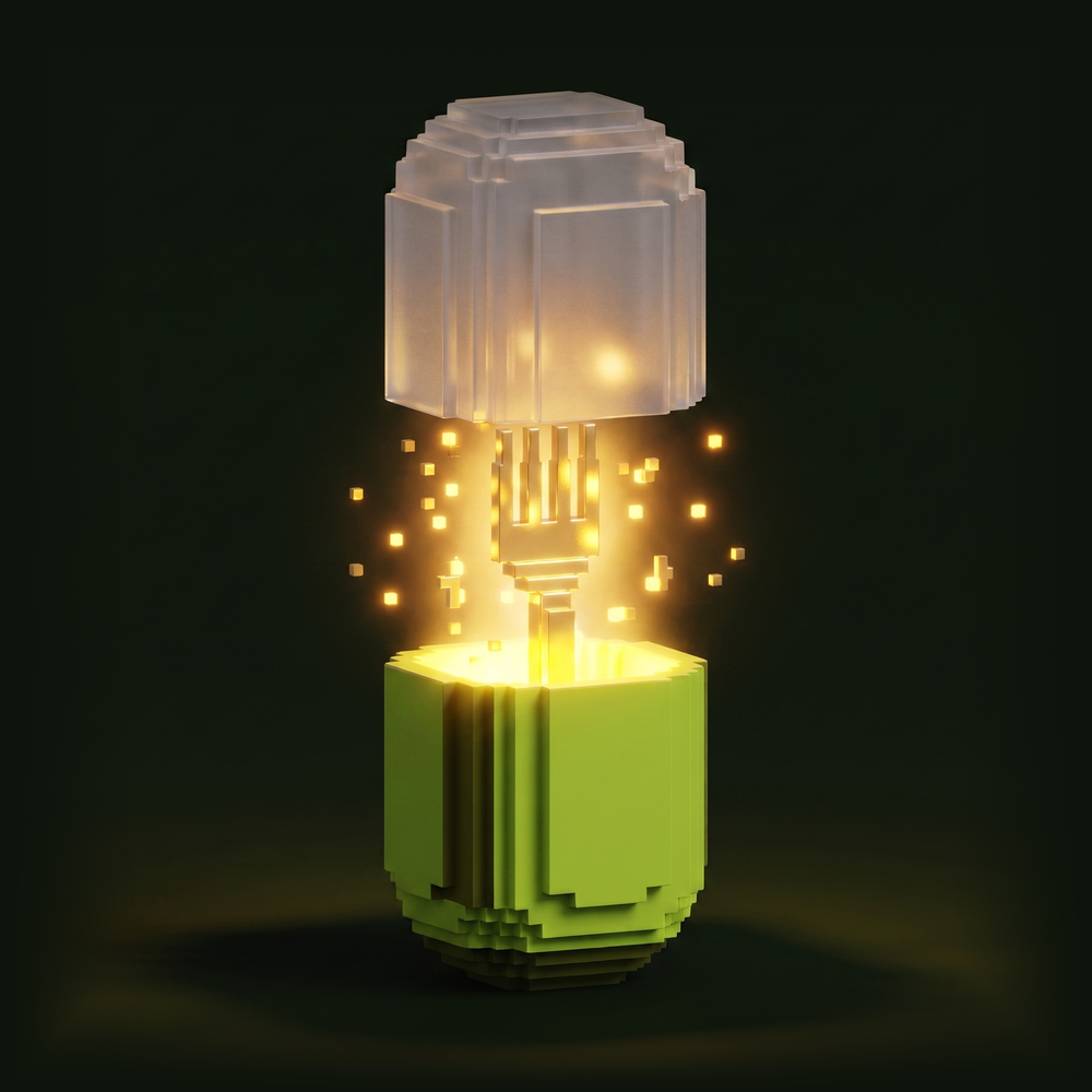 A green voxel capsule open, its frosted top lifted away and a golden fork rising out of it blazing with light and scattering glowing sparks