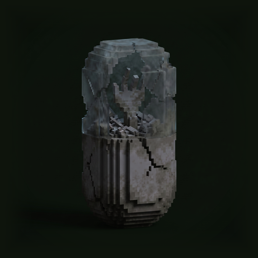 Grey cracked capsule with the fork crumbled inside