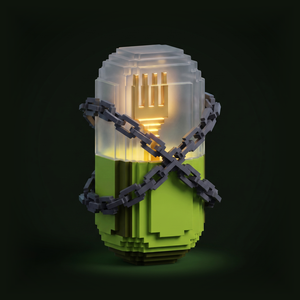 A green voxel pill capsule with a golden fork glowing faintly inside, wrapped tightly in a heavy dark chain