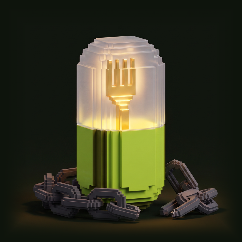 Green capsule with the chain snapped and lying around its base
