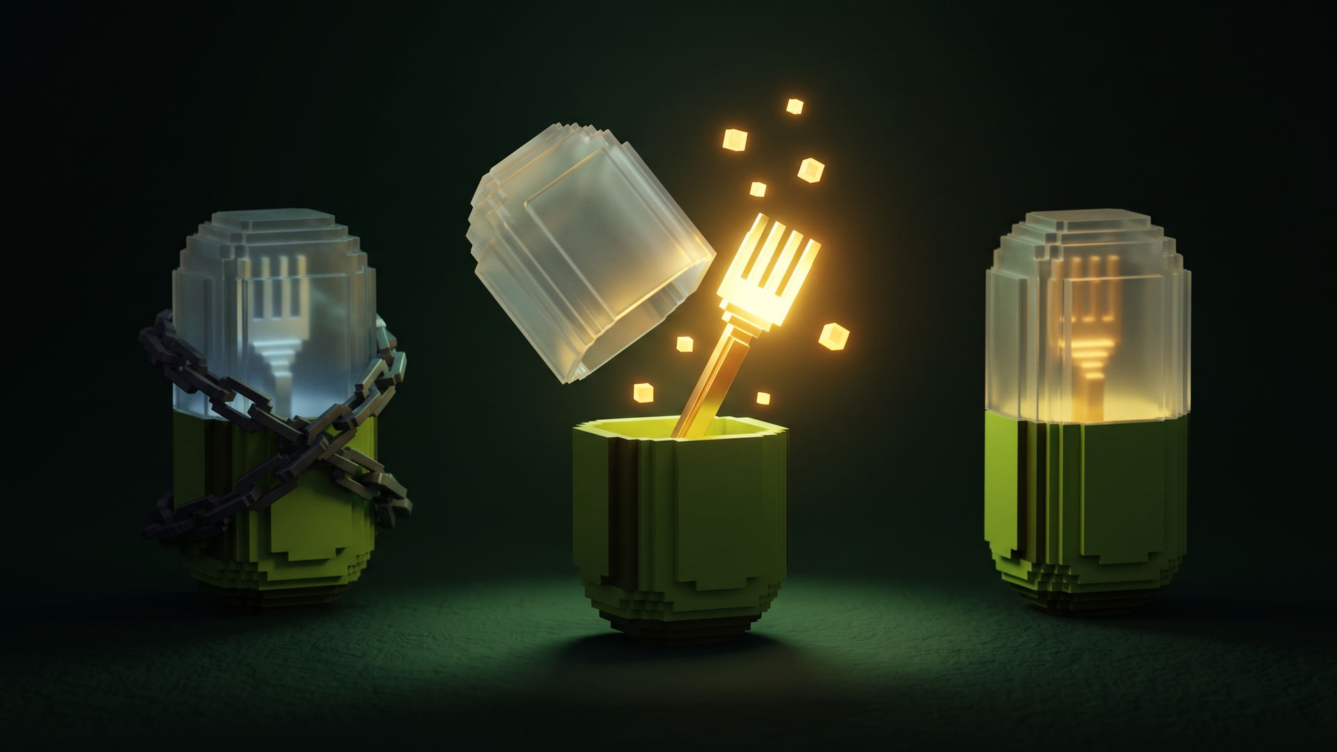 Three chunky voxel pill capsules on a dark ground: one wrapped in a heavy chain, one cracked open with a golden fork blazing out, one sealed with the fork glowing softly inside, each with a bright green base and a translucent frosted top