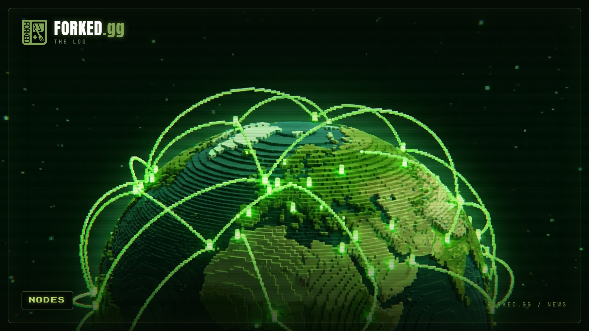 A voxel Earth with glowing node beacons across every continent