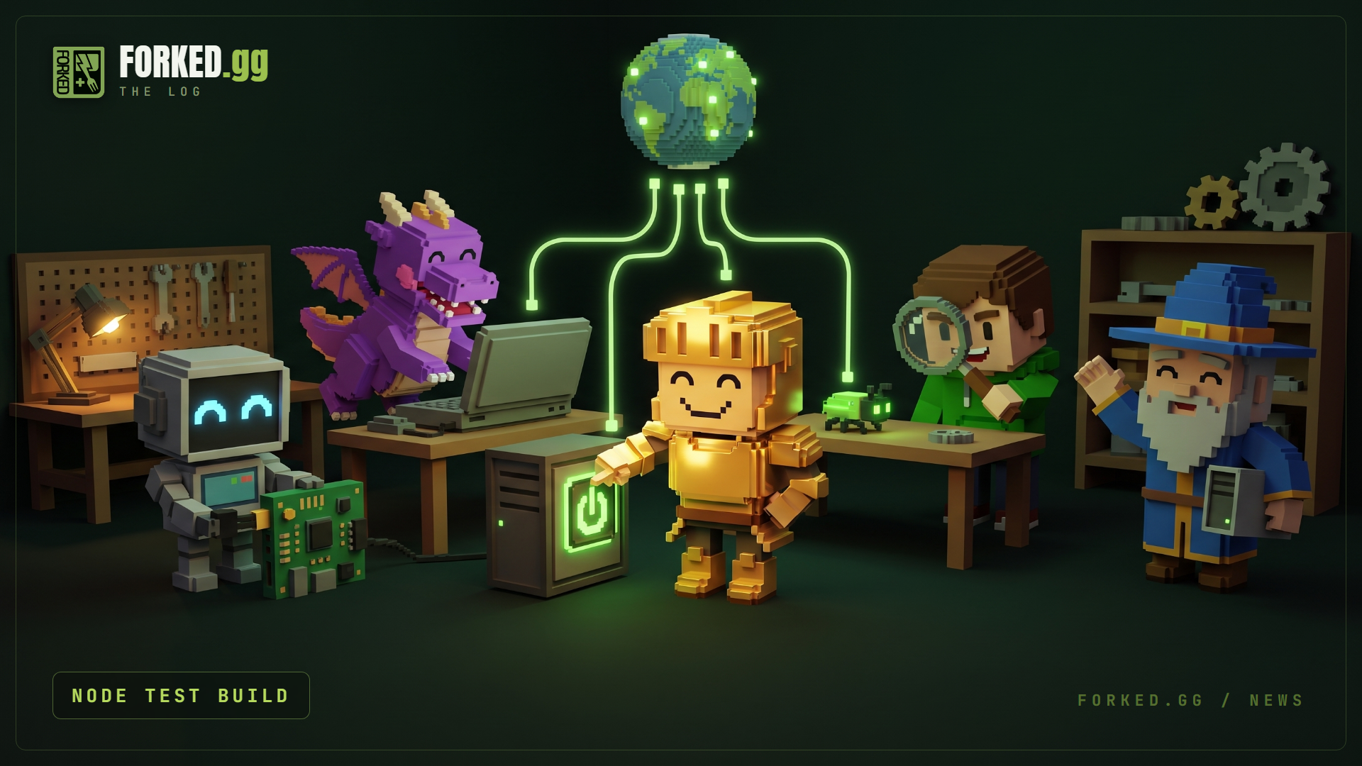 A voxel workshop: a golden knight Forkie presses the glowing power button on a computer while a robot, a dragon, a wizard and a kid with a magnifying glass switch on their own machines, all wired up to a glowing globe of network lights