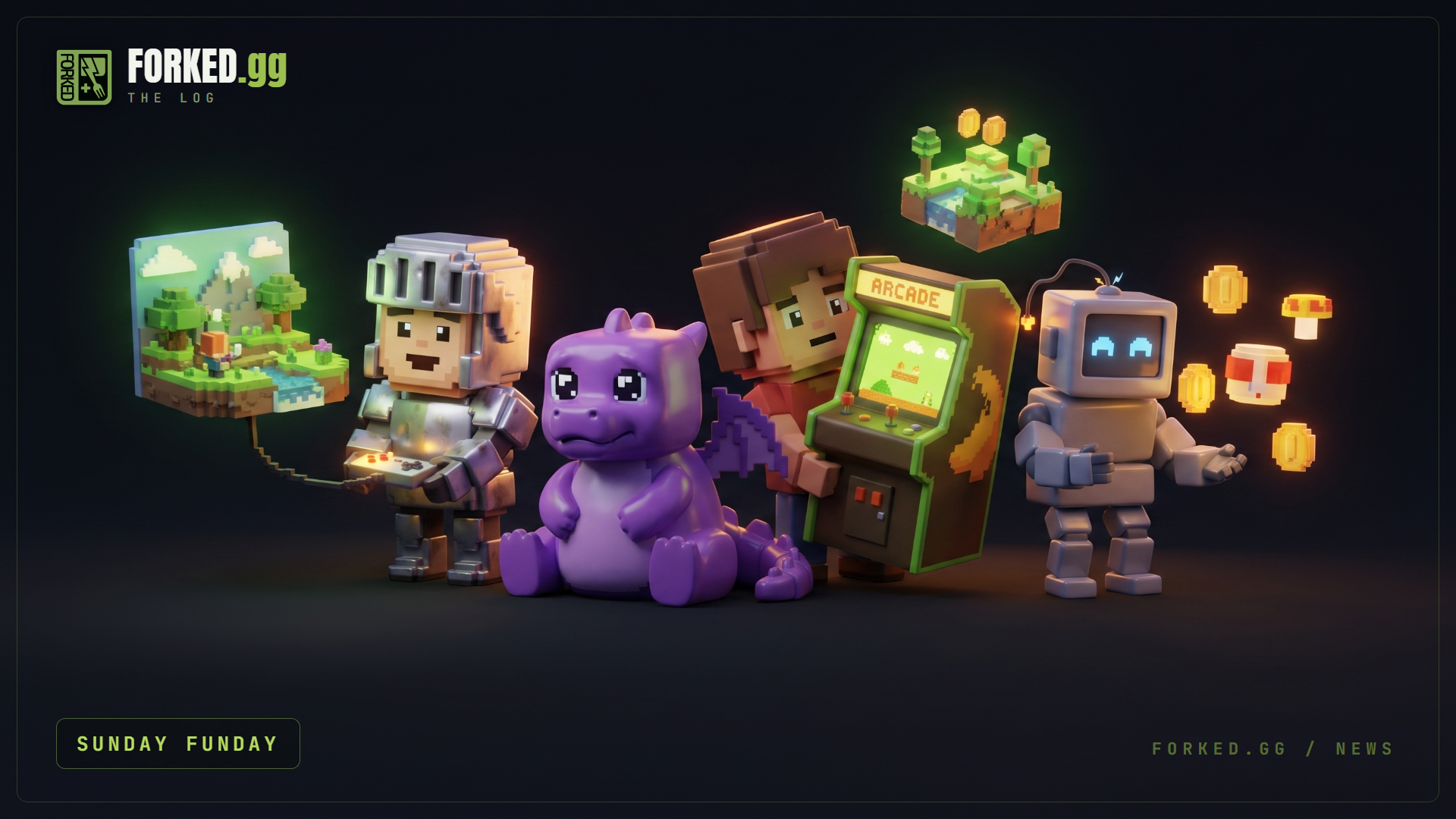 A warm voxel scene of friendly Forkie characters tending glowing retro game worlds and arcade cabinets, keeping them switched on