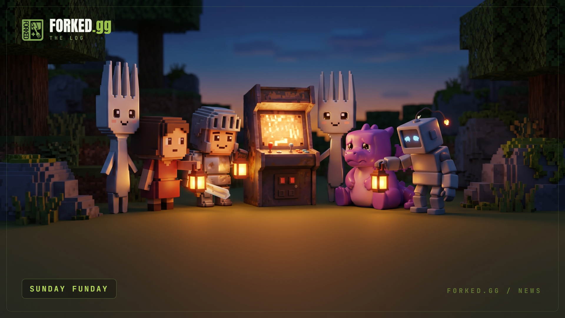 A warm voxel scene of friendly Forkie characters holding lanterns to keep an old arcade cabinet lit and running