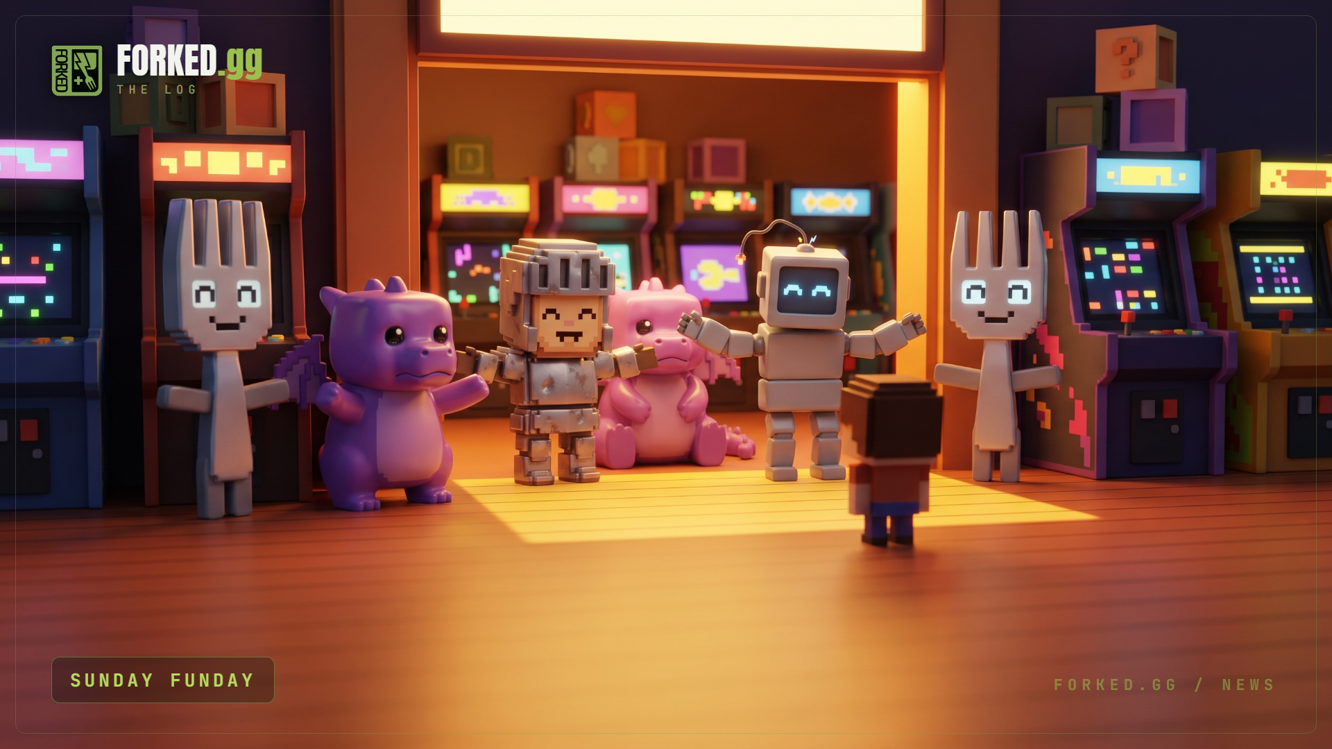 A warm voxel scene of friendly Forkie characters welcoming a newcomer at a glowing portal