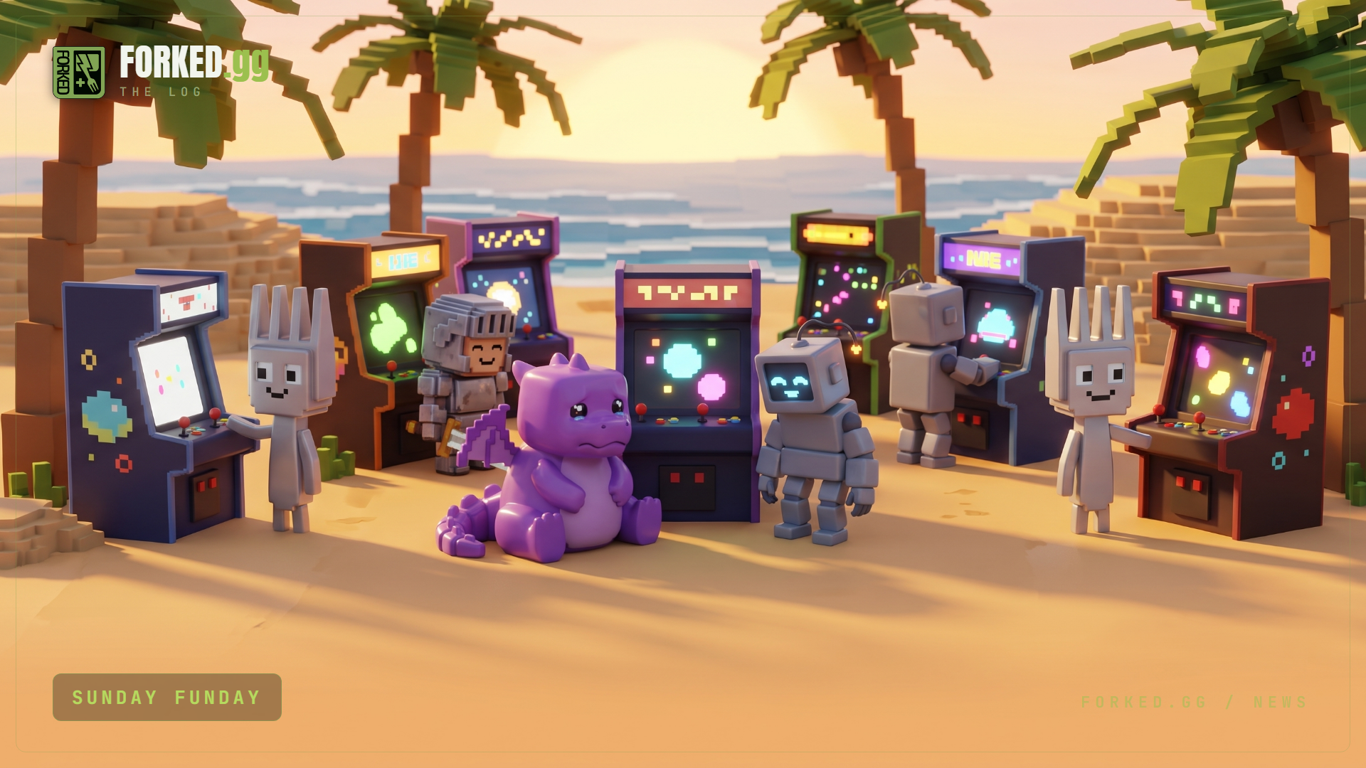 A warm voxel scene of friendly Forkie characters hanging out together at a sunny arcade