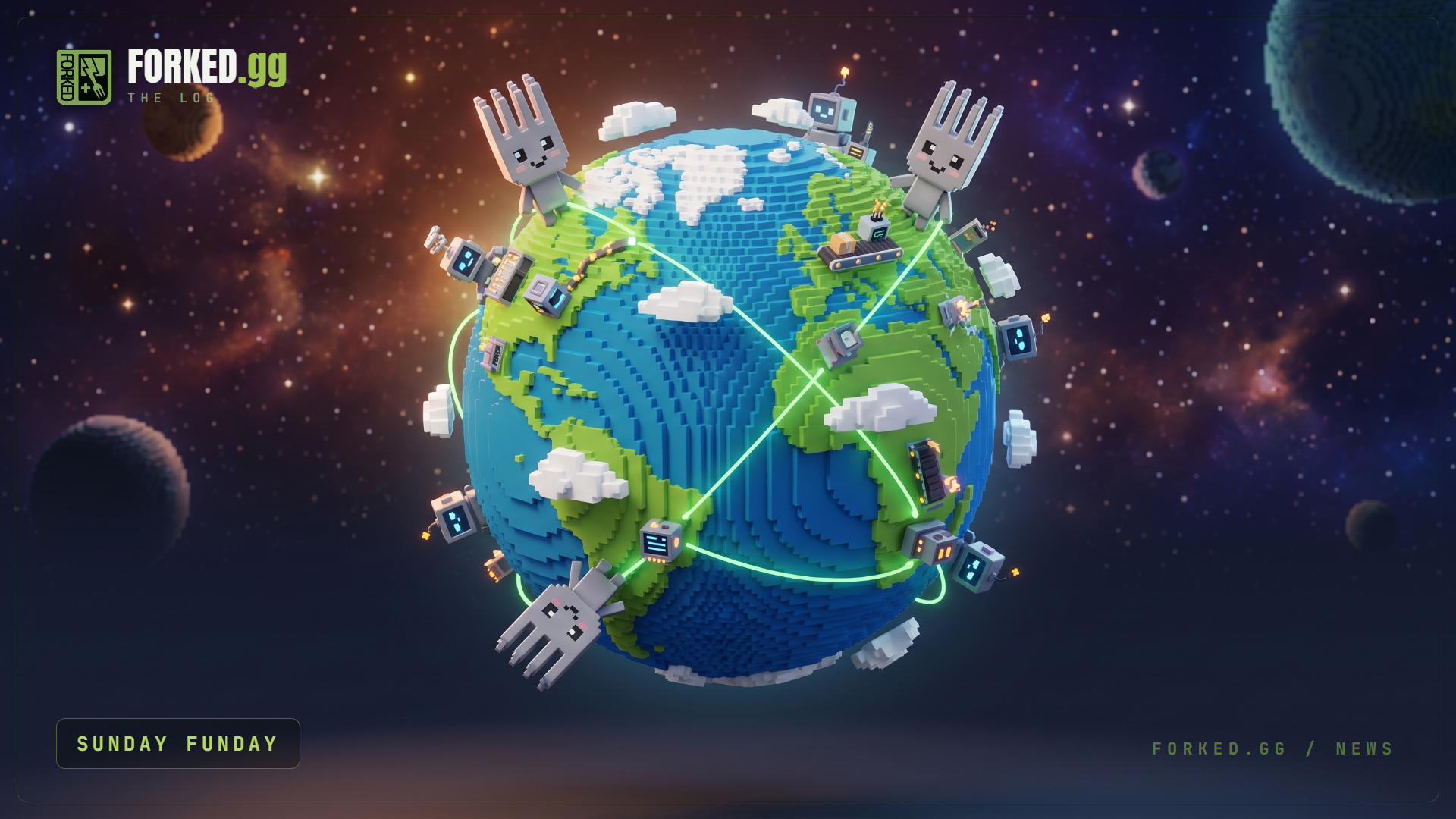 A warm voxel scene of friendly Forkie characters gathered around a glowing globe, with little machines lit up all over the world