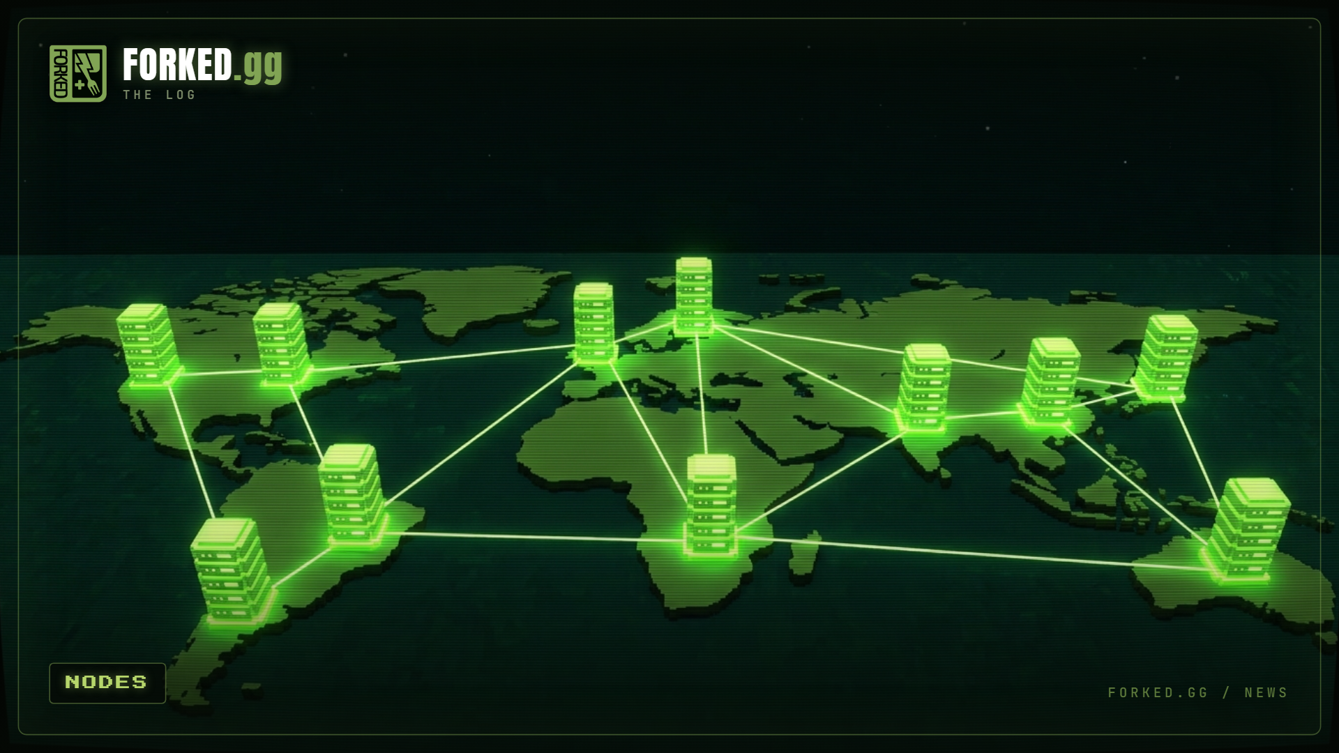 A constellation of glowing voxel node towers across a dark world map