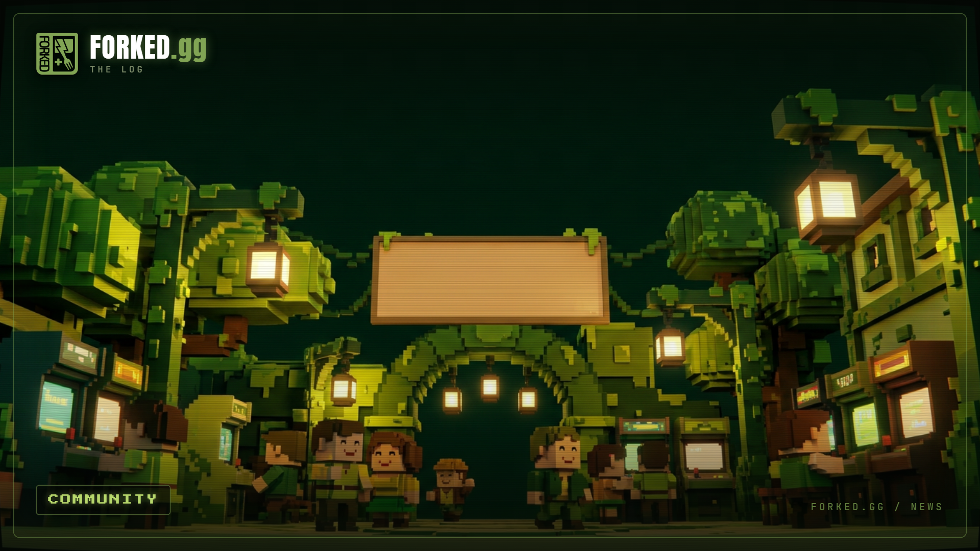 A warm voxel arcade lobby with friendly characters