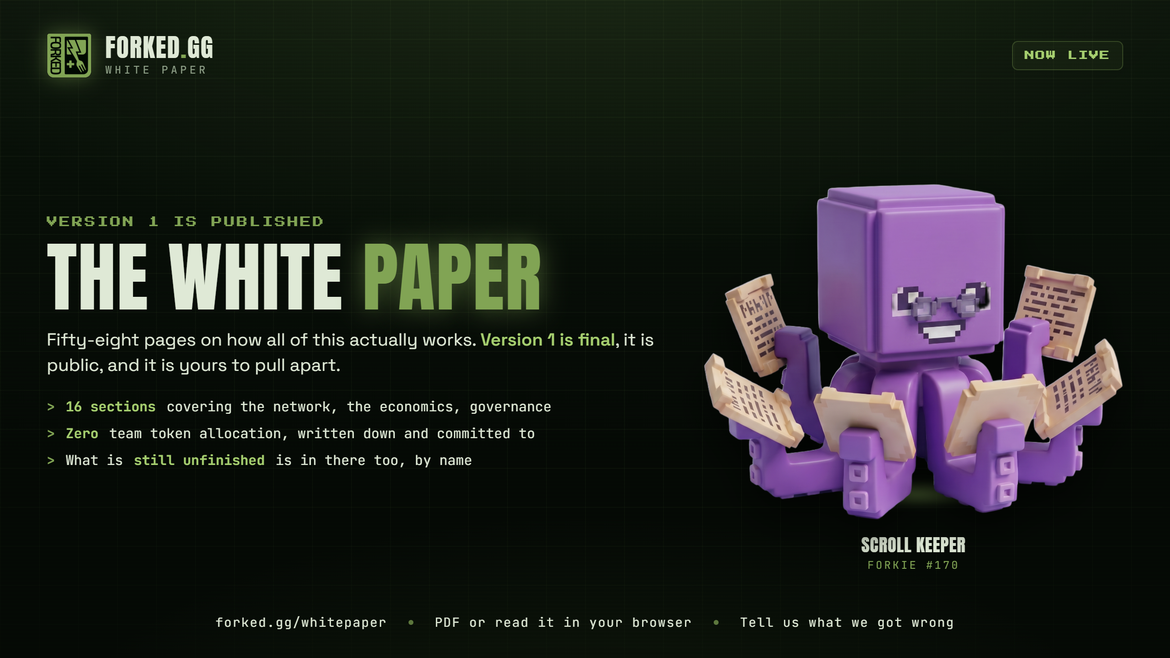 Forked.gg white paper announcement card with Scroll Keeper, a purple voxel Forkie wearing glasses and holding six documents