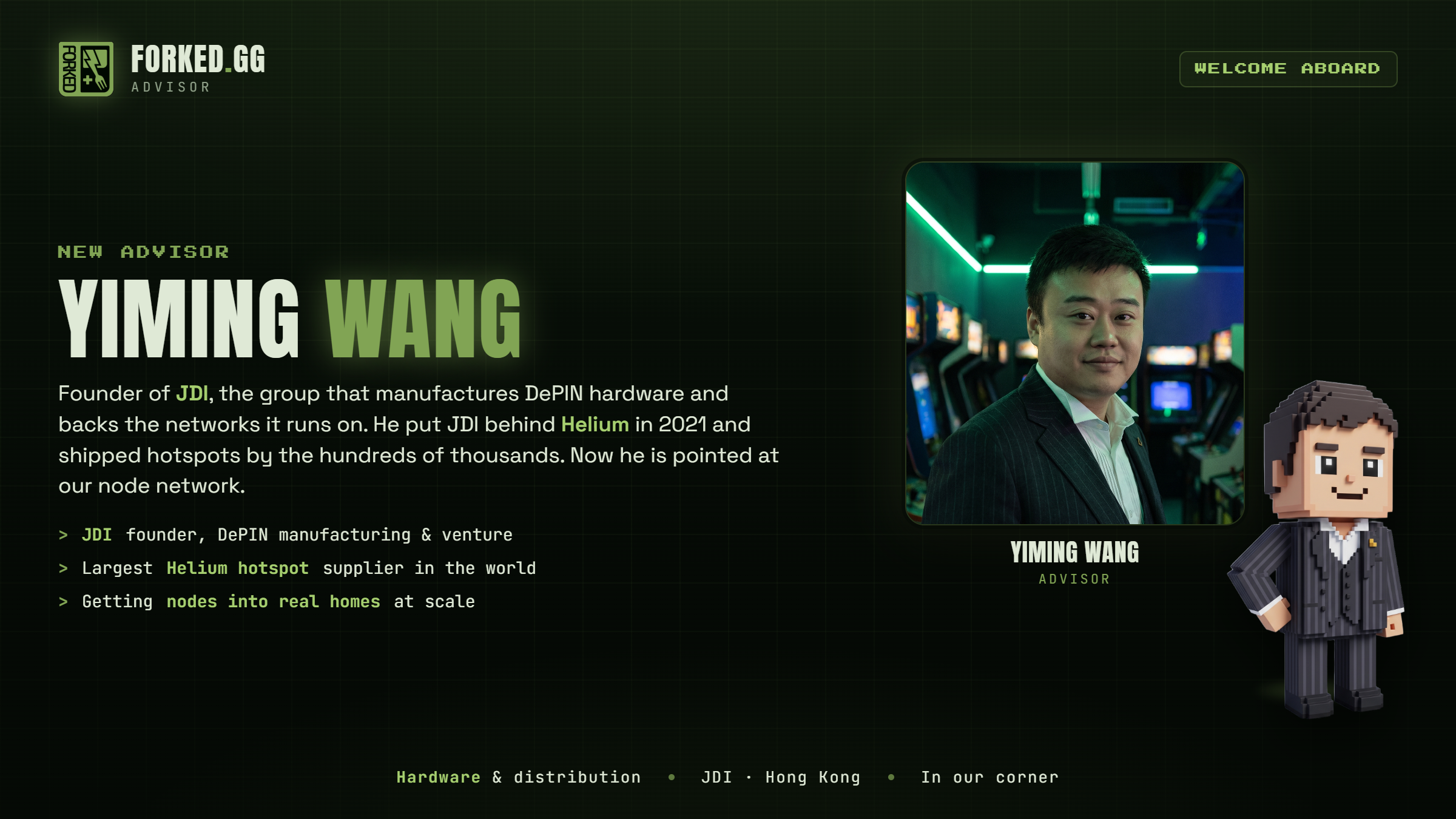 Advisor announcement card: a photo portrait of Yiming Wang beside his voxel Forkie, in the Forked.gg retro-green style