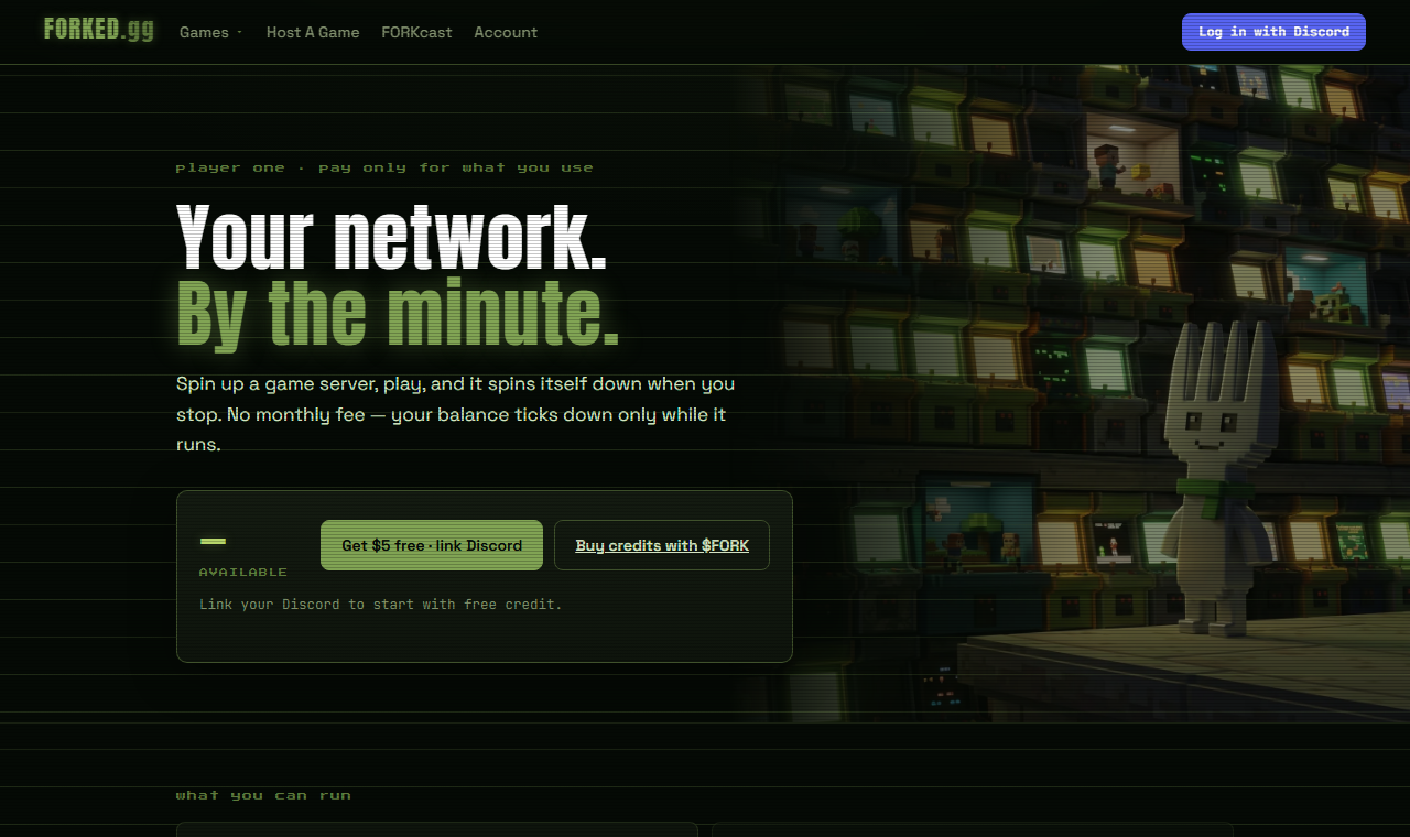 The app.forked.gg dashboard: spend credits to spin up a real game server on the node network