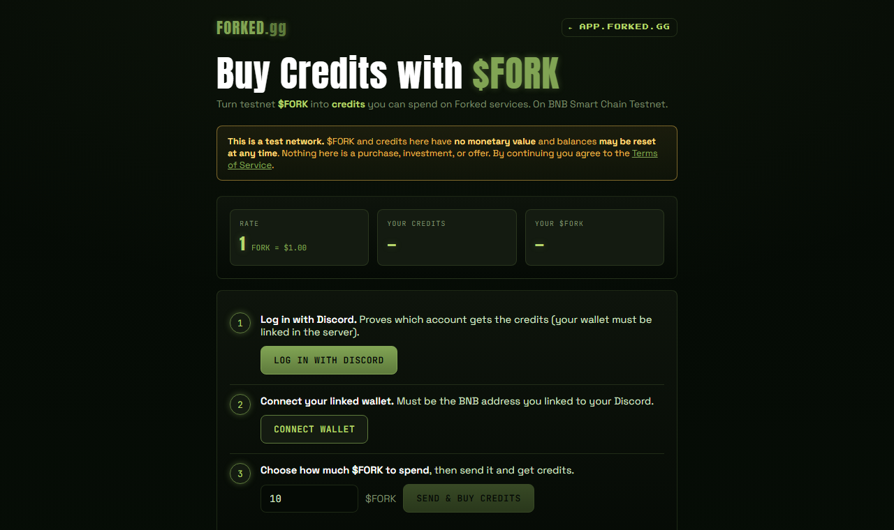 The buy credits page at app.forked.gg: turn test FORK into credits on your account