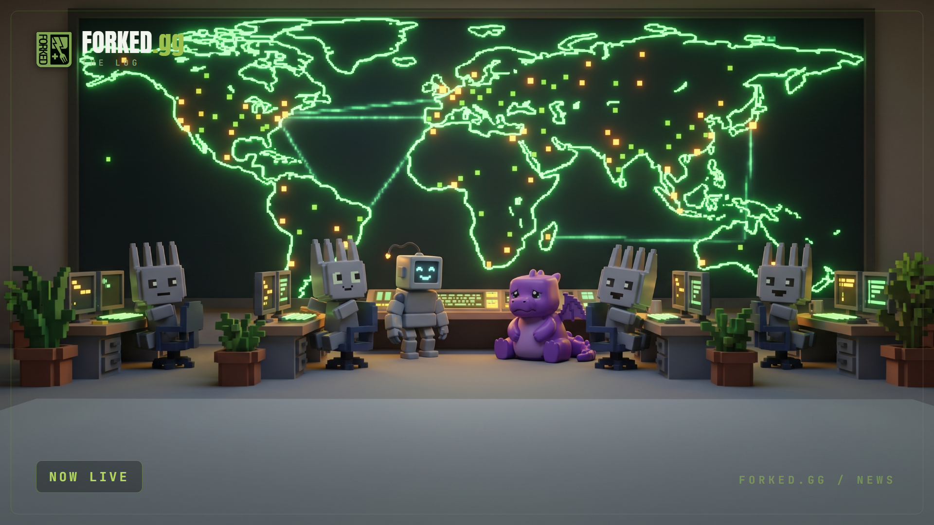 A voxel launch control room: the Forkie crew at glowing desks in front of a big-board world map dotted with glowing nodes around the globe