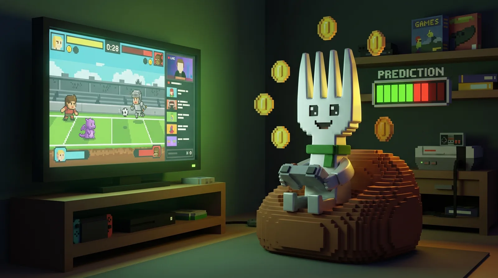 A voxel Forky on a beanbag with a controller, calling a live match with a prediction meter and points floating in the air