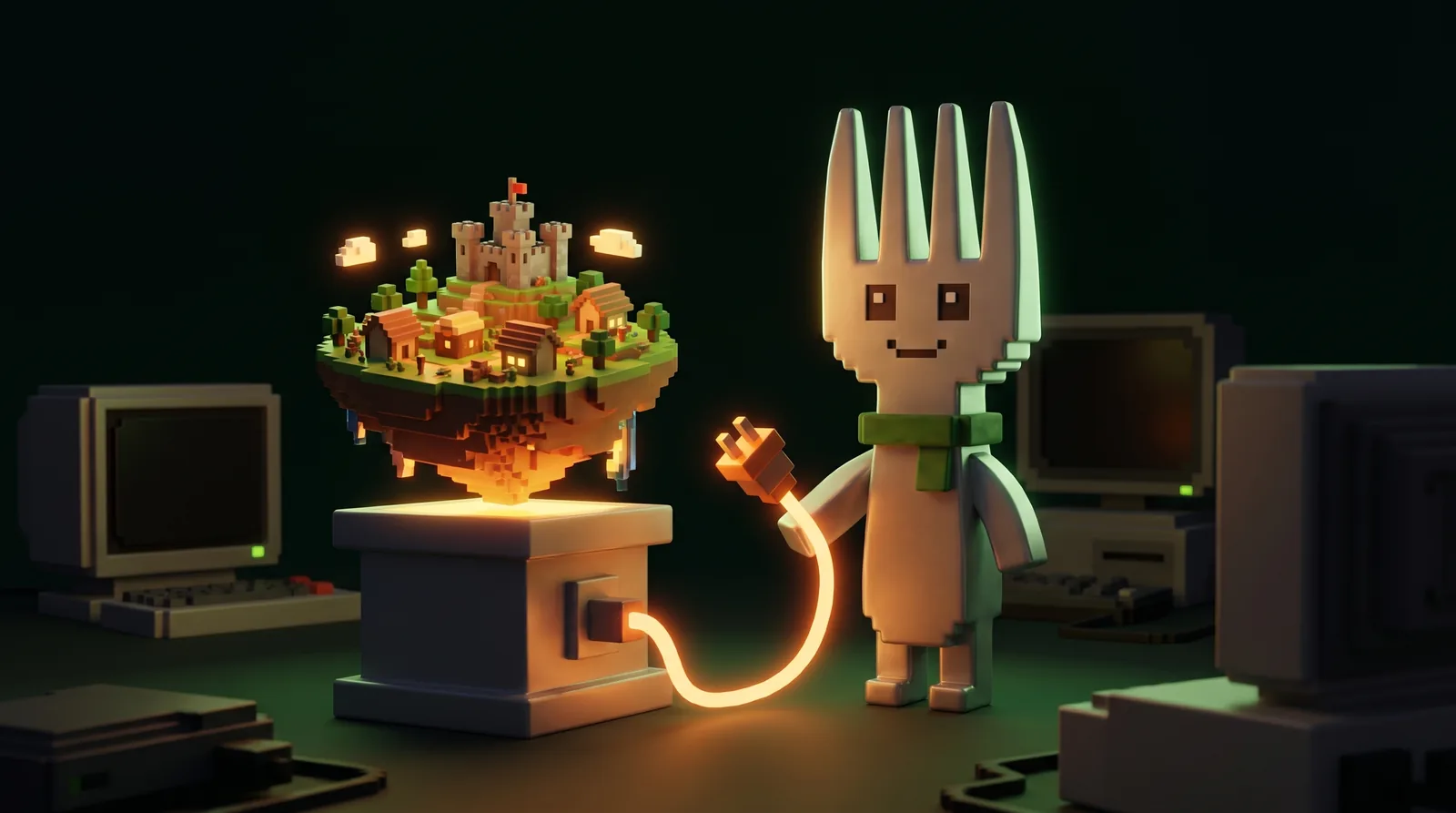 A voxel Forky keeping a glowing little game-world powered on while the room around it goes dark